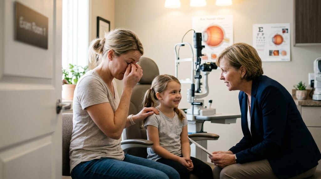 A mother rubbing her eyes during an appointment with an eye doctor while her young daughter sits nearby, illustrating the process of diagnosing eye allergies or dry eye.