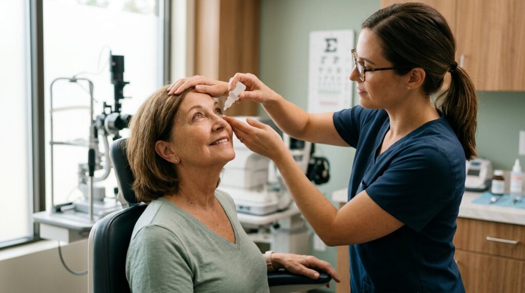 Adult tilting their head back as eye drops are applied from a small bottle into their eye.