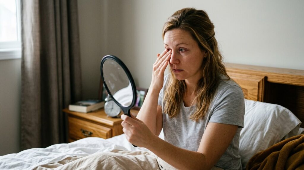 Adult squinting and shielding their eyes from bright sunlight, experiencing vision changes and high sensitivity to light.