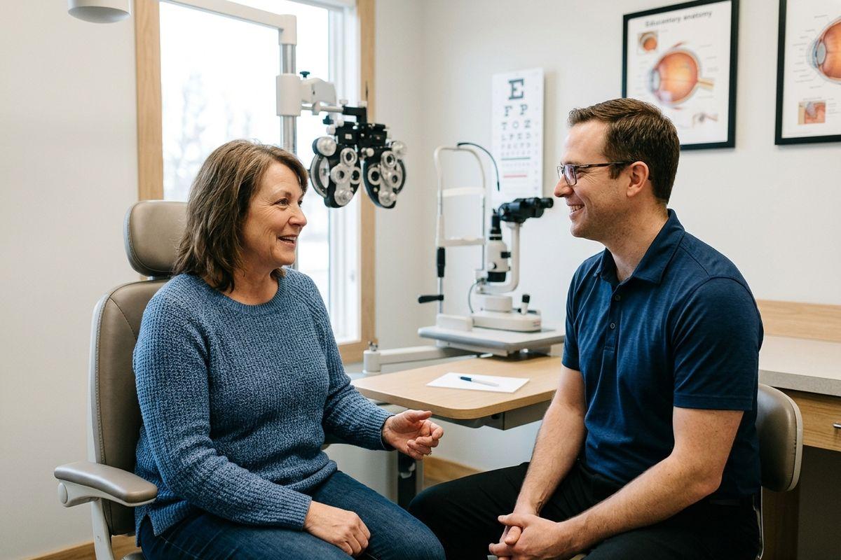 Optometrist and patient smiling during a conversation in an eye exam room with a phoropter and eye chart visible in the background.