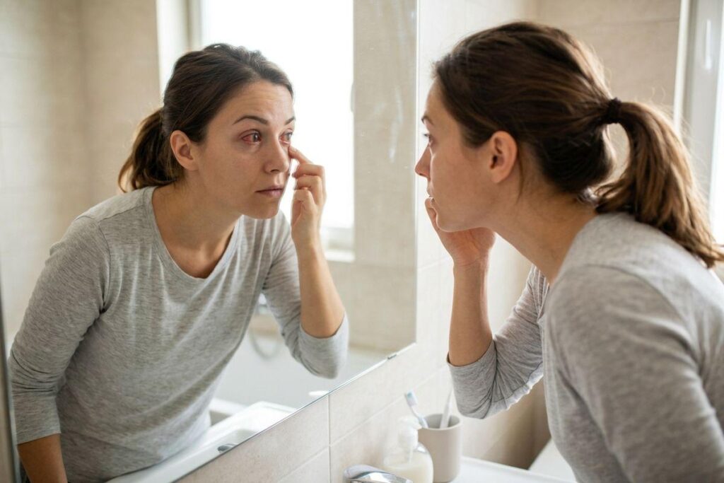 Adult examining their eye in a bathroom mirror, pulling down the lower eyelid with one finger, looking concerned.