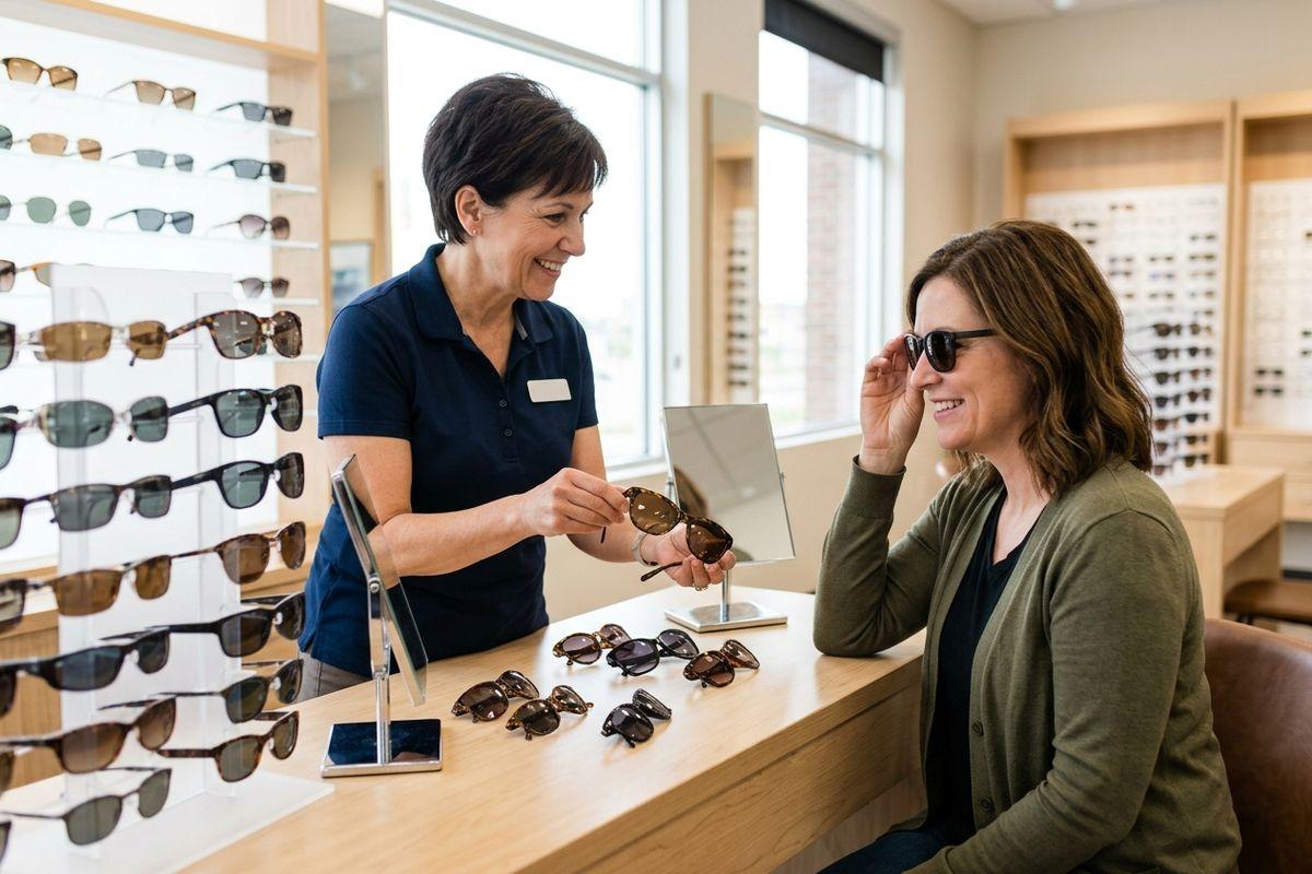 Optician assists a smiling customer trying on sunglasses at a counter with mirror and displays of eyewear.