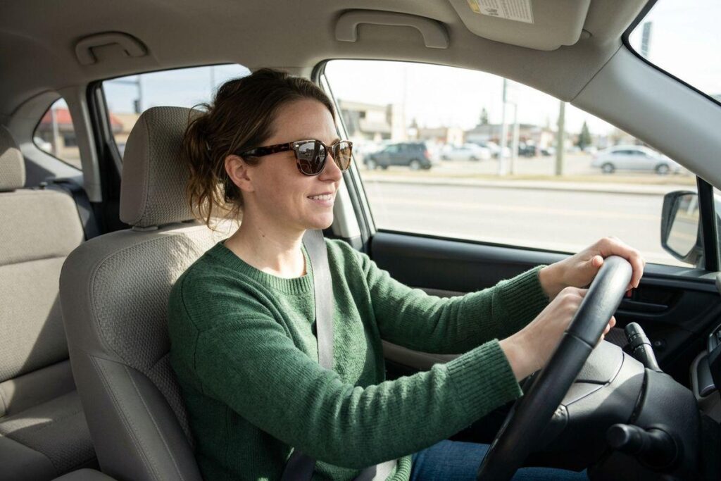 Person in sunglasses and green sweater driving a car, smiling, hands on the steering wheel.