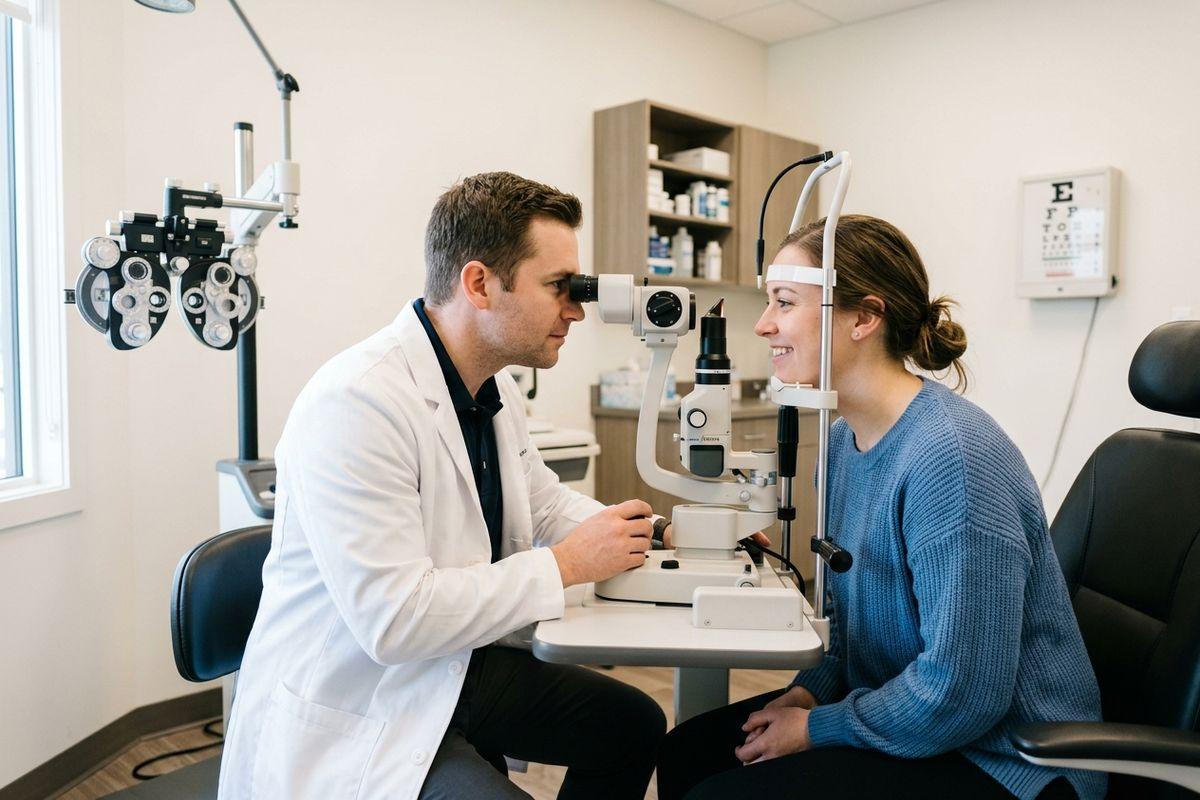 Optometrist examines a smiling patient's eyes using a slit lamp in an exam room.