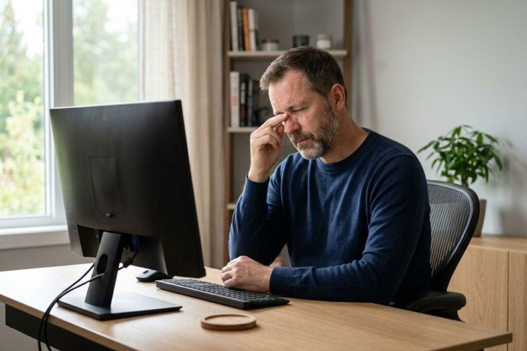 Person at desk with computer, eyes closed, pinching bridge of nose.