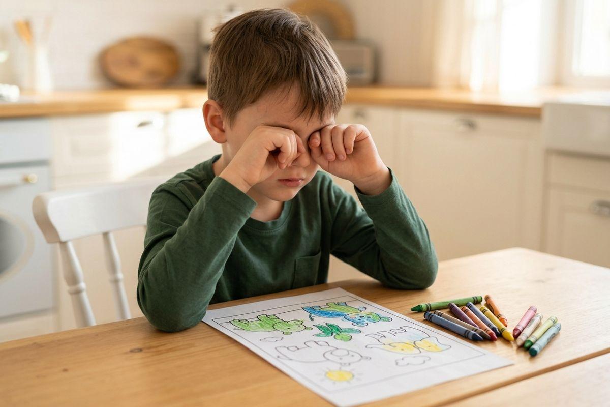 Child rubbing both eyes at a kitchen table, with a partly finished coloring page and crayons in front of them.