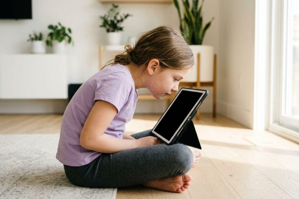 Child sitting cross-legged on a rug at home, leaning close to a tablet propped on the floor, face near the screen.